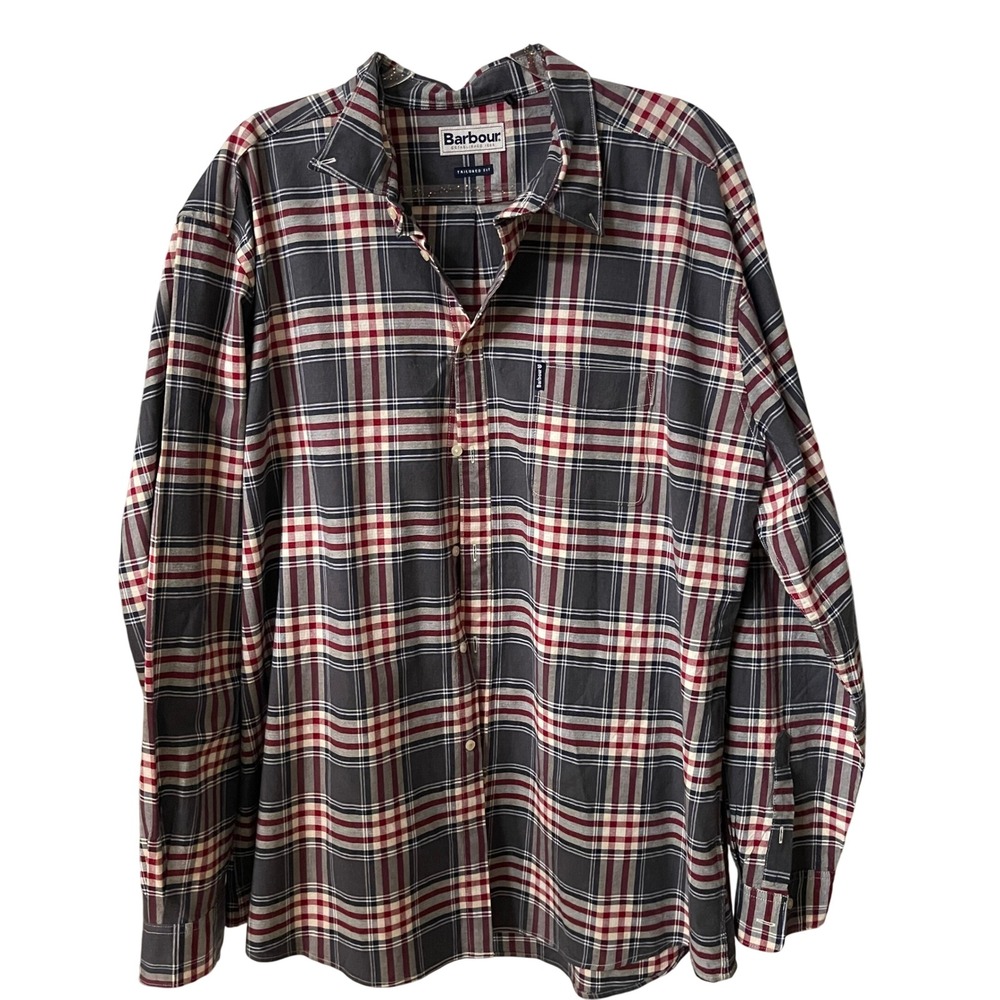 Barbour Tailored Fit Plaid‎ Button Up Shirt Red Navy Cream Mens L 24" Chest